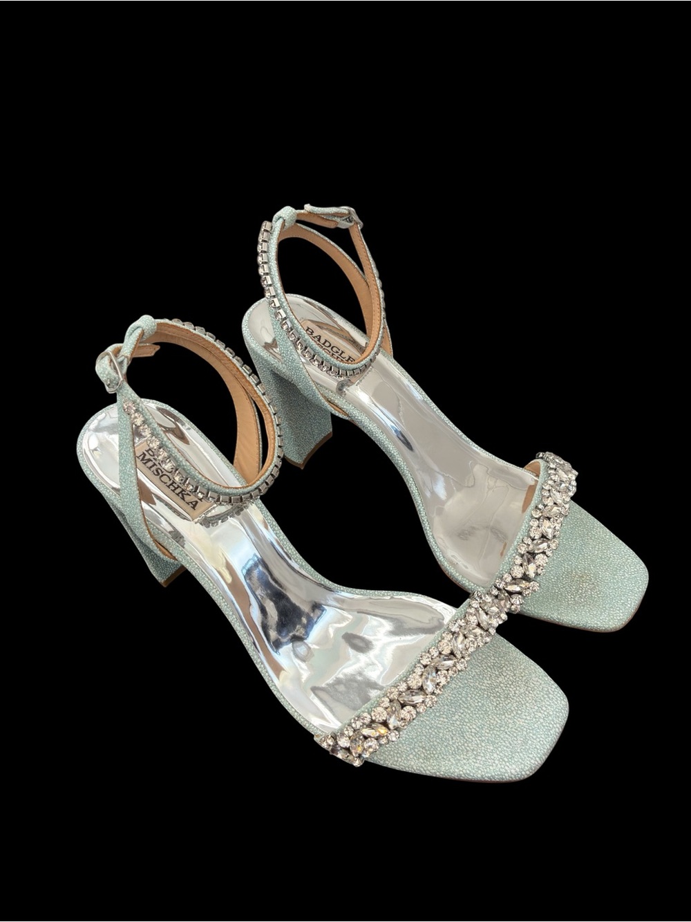 Badgley Mischka Blue & Silver Crystal Ankle-Strap Block Heels